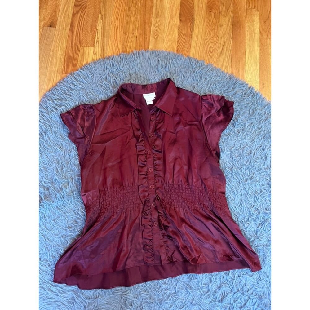 K Jordan Burgundy Victorian Style 100% Silk Button Front Blouse Size 1X